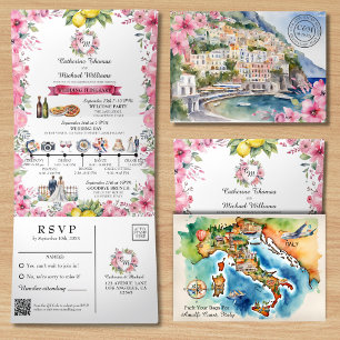 Invitation Trois Volets Côte d'Amalfi Italie Aquarelle Destination Mariage