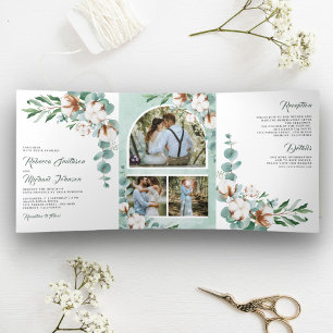 Invitation Trois Volets Coton Eucalyptus Collage Photo Tout en Un Mariage