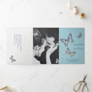 Invitation Trois Volets Couleurs mariages de papillons bleus tout-en-un