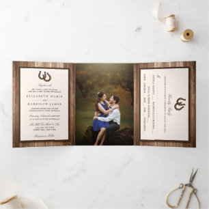 Invitation Trois Volets Country Rustic Horseshoe & Brown Wood Mariage