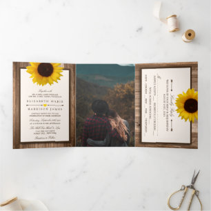 Invitation Trois Volets Country Rustic Sunflower & Wood Mariage Suite