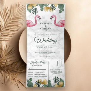 Invitation Trois Volets Couple de flamants roses en marbre blanc de palmie