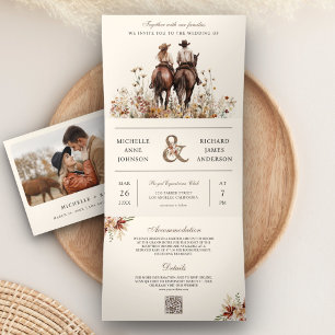 Invitation Trois Volets Couple occidental chevauchant un cheval, mariage t