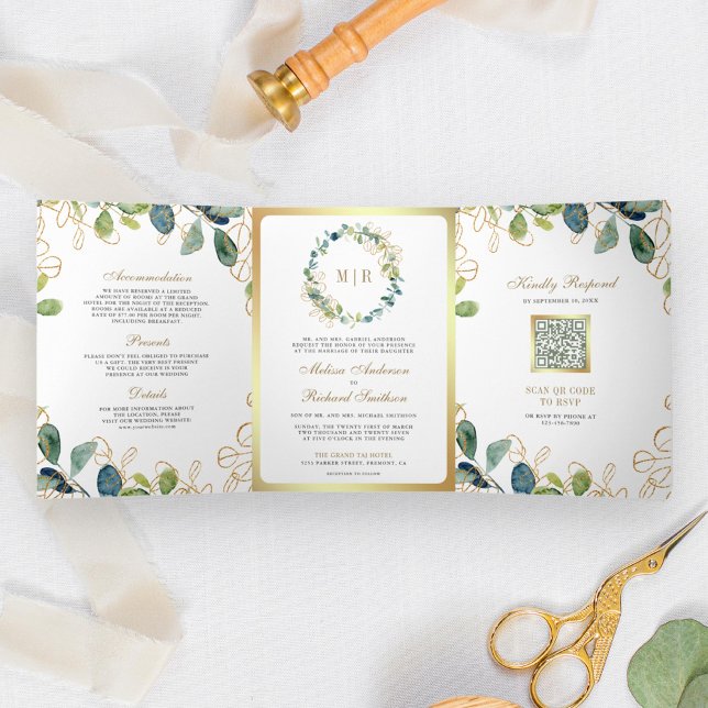 Invitation Trois Volets Couronne de Eucalyptus en Or Rustique QR Code Mari (Créateur téléchargé)