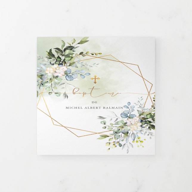 Invitation Trois Volets Couronne de Feuillage Aquarelle, Bapteme (Protection)