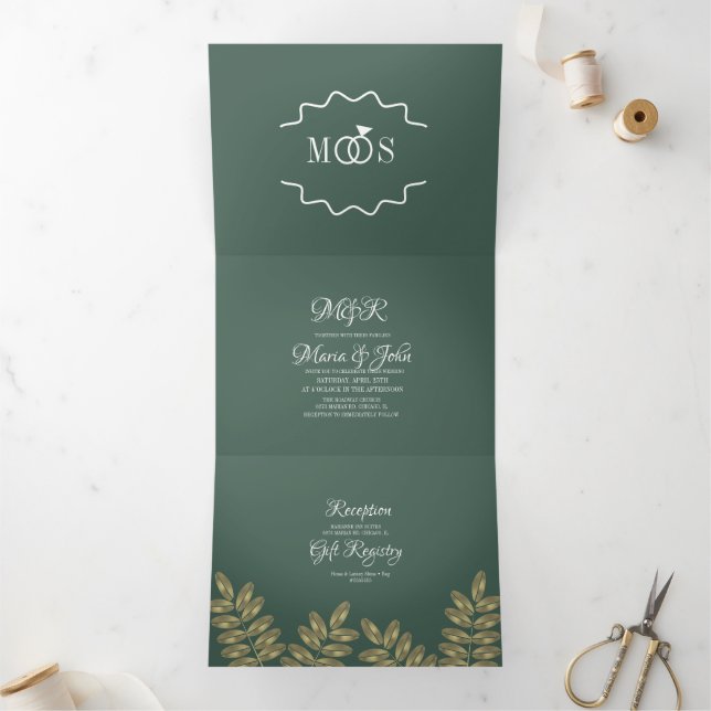 Invitation Trois Volets Couronne de feuillage moderne en feuilles métallis (Intérieur)