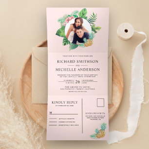 Invitation Trois Volets Couronne de feuilles de palmier rose vert Blush Ph