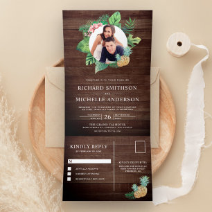 Invitation Trois Volets Couronne de feuilles de palmier vert en bois rusti
