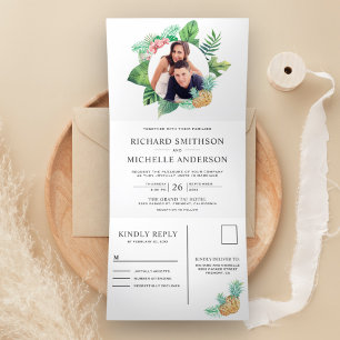 Invitation Trois Volets Couronne de feuilles de palmier vertes et blanches