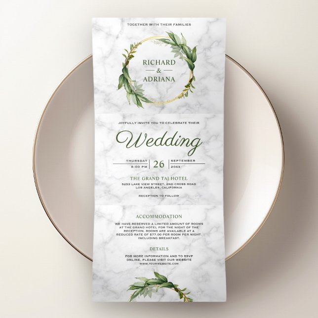 Invitation Trois Volets Couronne de feuilles vertes botaniques Mariage en  (Créateur téléchargé)