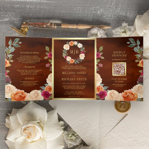 Invitation Trois Volets Couronne de fleurs terreuse Code QR Mariage Terrac