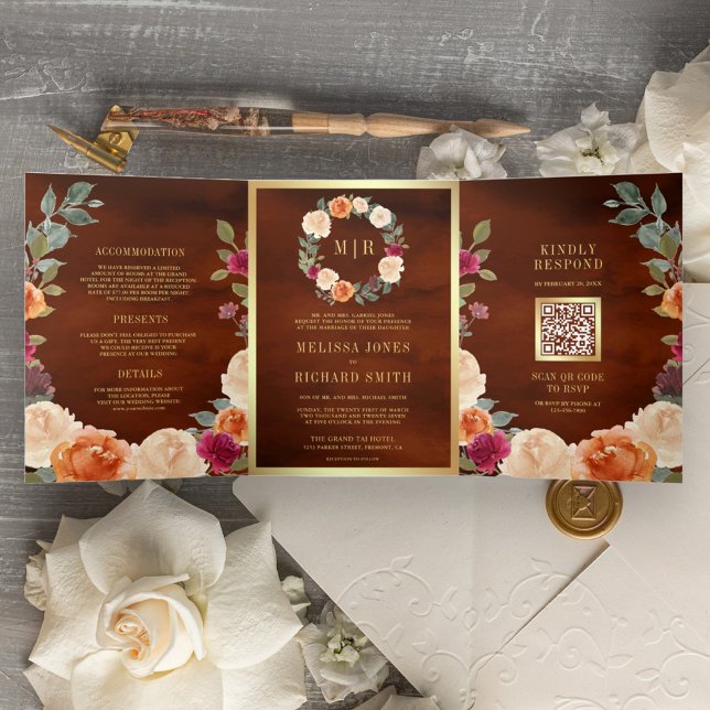 Invitation Trois Volets Couronne de fleurs terreuse Code QR Mariage Terrac (Créateur téléchargé)