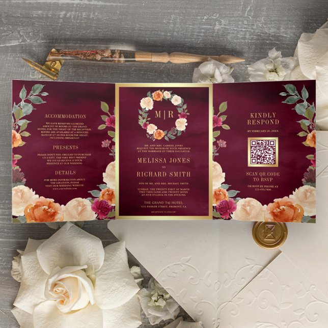 Invitation Trois Volets Couronne de fleurs terreuses Code QR Mariage Borde (Créateur téléchargé)