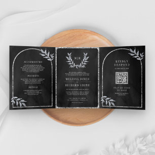 Invitation Trois Volets Couronne de Laurier Argenté Feuilles Gris Charbon