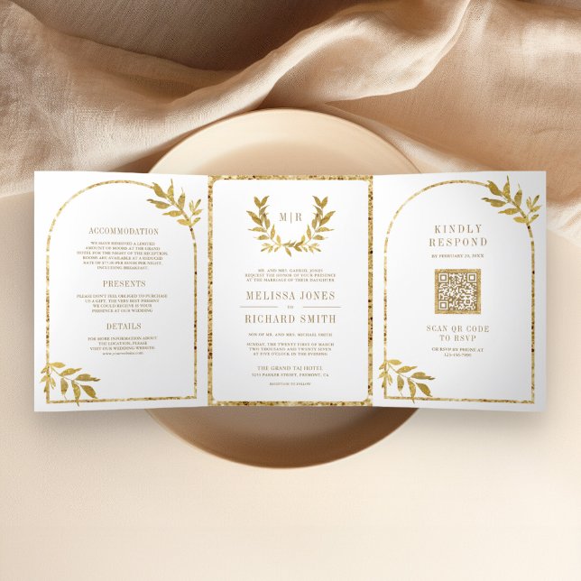 Invitation Trois Volets Couronne de laurier doré Feuilles blanches Mariage (Créateur téléchargé)
