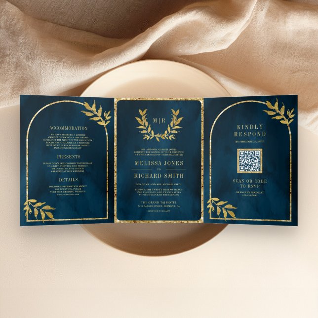Invitation Trois Volets Couronne de laurier doré Feuilles de mariage bleu  (Créateur téléchargé)