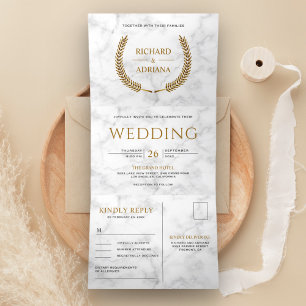 Invitation Trois Volets Couronne de laurier en or sur marbre blanc Tout en