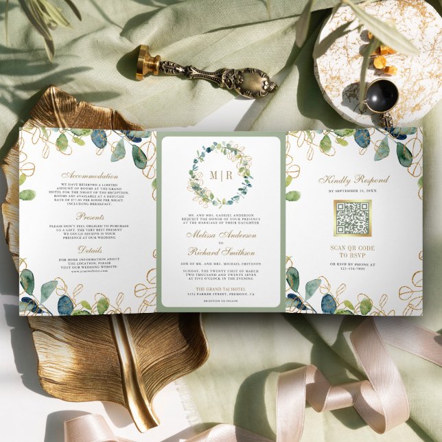 Invitation Trois Volets Couronne de mariage en eucalyptus rustique avec co (Créateur téléchargé)