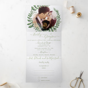 Invitation Trois Volets Couronne de mariage en feuilles vertes olive et ce