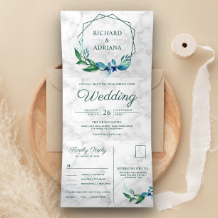 Invitation Trois Volets Couronne de mariage feuille verte émeraude géométr