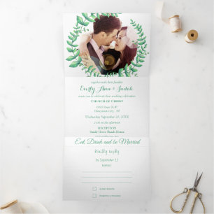 Invitation Trois Volets Couronne de mariage Feuille Verte Menthe Verte Cen