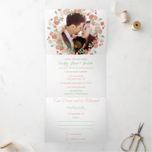 Invitation Trois Volets Couronne de mariage florale Corail Rose Pâle Vert