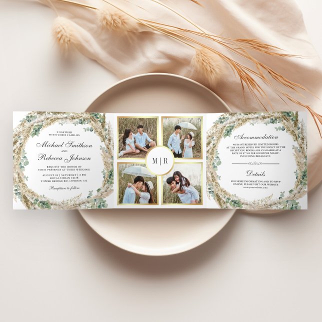 Invitation Trois Volets Couronne de mariage rustique boho pampas eucalyptu (Créateur téléchargé)
