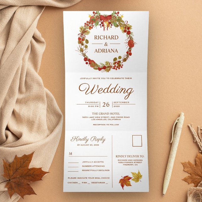 Invitation Trois Volets Couronne de mariage rustique d'automne avec feuill (Créateur téléchargé)