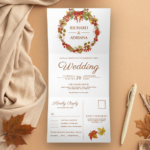 Invitation Trois Volets Couronne de mariage rustique d'automne de feuilles