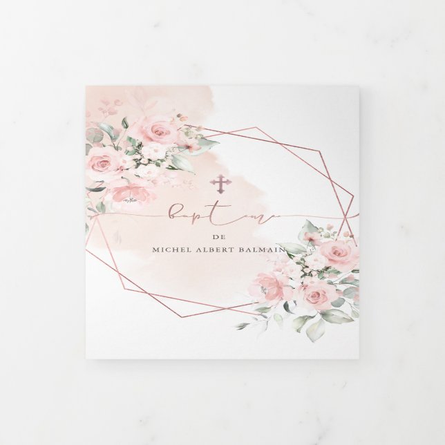 Invitation Trois Volets Couronne de Rose Aquarelle, Bapteme (Protection)