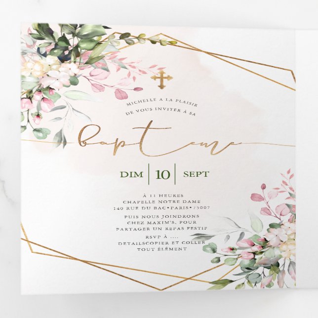 Invitation Trois Volets Couronne de Rose Blush Feuillage Aquarelle Bapteme (Intérieur en premier)