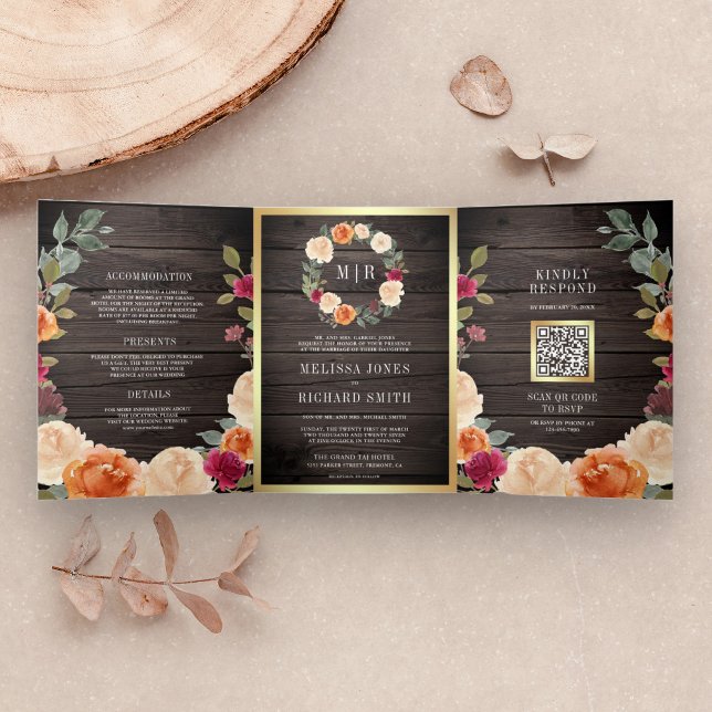 Invitation Trois Volets Couronne florale rustique en bois QR Code mariage (Créateur téléchargé)