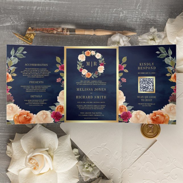 Invitation Trois Volets Couronne florale rustique terreuse QR Code mariage (Créateur téléchargé)