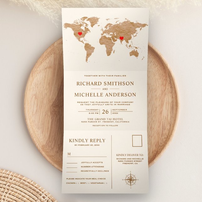 Invitation Trois Volets Cream Bronze World Map All in One Wedding (Créateur téléchargé)