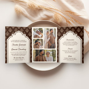 Invitation Trois Volets Cream Brown Ikat Photo Collage Mariage indien