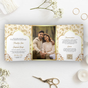 Invitation Trois Volets Cream Gold Paisley Floral QR Code Mariage indien