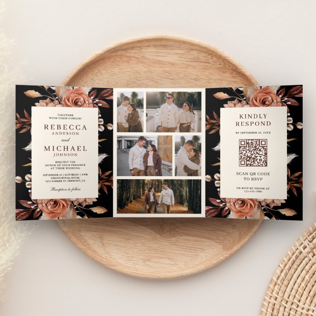 Invitation Trois Volets Crème et Terracotta Floral QR Code Mariage noir (Créateur téléchargé)