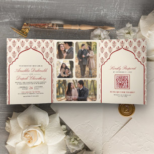 Invitation Trois Volets Crème Rouge Ikat Combinaison Indienne Mariage