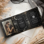 Invitation Trois Volets Crescent Moon Stars Celestin Black Mariage Photo<br><div class="desc">Ce faire-part de mariage triplé noir enchanteur mêle magnifiquement les photos personnelles avec un thème céleste fantaisiste - comme "Under the Stars", "To the Moon and Back" ou "Written in the Stars". Il offre une intégration transparente de votre faire-part de mariage, détails et RSVP dans un ensemble élégant. Vous pouvez...</div>
