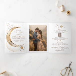 Invitation Trois Volets Crescent Moon Sun Halo Celestial Mariage Photo