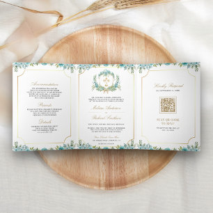 Invitation Trois Volets Croix catholique dorée à fleurs sarcelle Code QR M