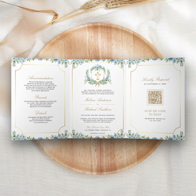 Invitation Trois Volets Croix catholique dorée florale bleue Code QR Maria (Créateur téléchargé)