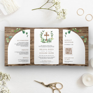 Invitation Trois Volets Croix en bois d'eucalyptus tout-en-un pour mariage