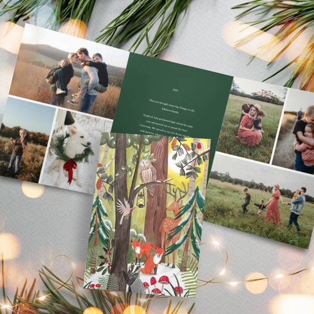 Invitation Trois Volets Cute Green Woodland Animaux de la famille Photo No (Cute Green Woodland Animals Family Photo Christmas Tri-Fold Invitation)