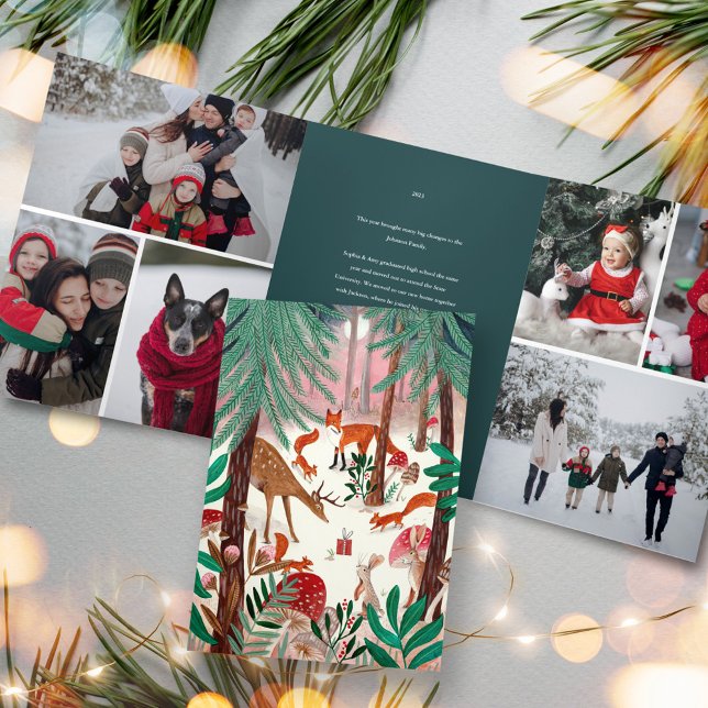 Invitation Trois Volets Cute Green Woodland Animaux de la famille Photo No (Cute Green Woodland Animals Family Photo Christmas Tri-Fold Invitation)