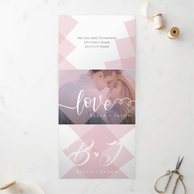 Invitation Trois Volets Cute Pastel rose blanc Script Multi Photo Mariage (Extérieur)