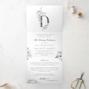 Invitation Trois Volets 'D' Monogramme Beau Mariage floral croisé
