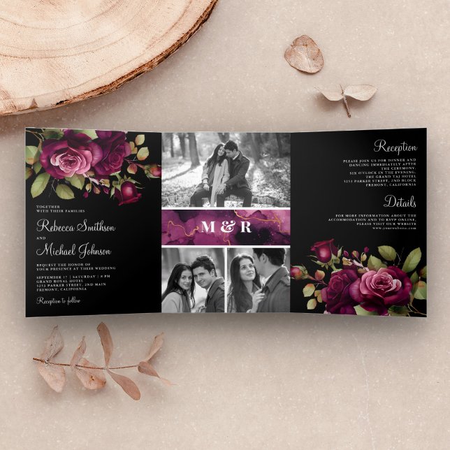 Invitation Trois Volets Dark Moody Plum Roses Photo Collage Mariage noir (Créateur téléchargé)