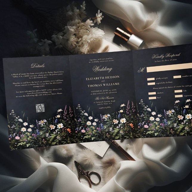 Invitation Trois Volets Dark Moody Romance Fleurs sauvages tous en un Mari (moody dark romantic wedding invitation dusk garden wild flowers black all one seal send modern chic)