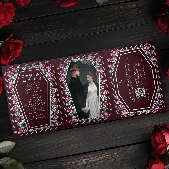 Invitation Trois Volets Décès Nous Part Rose Rouge Gothique Mariage QR Cod (Créateur téléchargé)